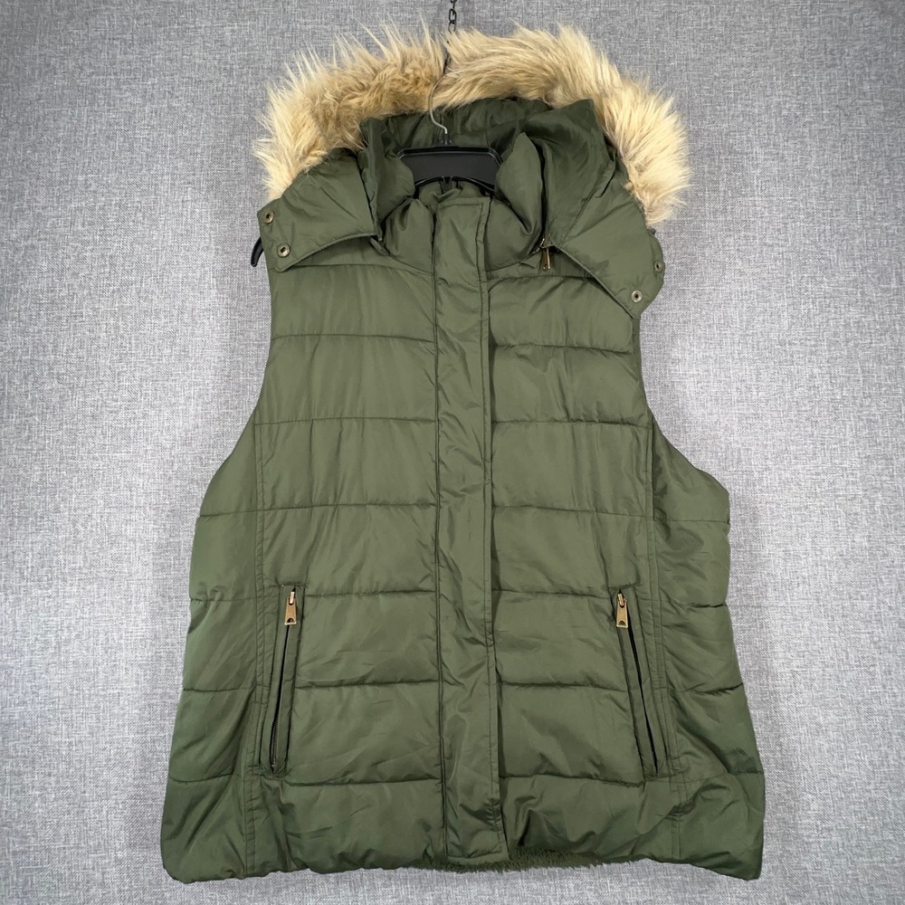 Banana Republic Sherpa Lined Puffer Vest Womens XL Mallard Green Faux Fur Hood